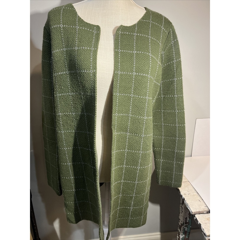 Oliver By Escio AnthropologIe Open Front Long Cardigan Sweater Green Plaid L